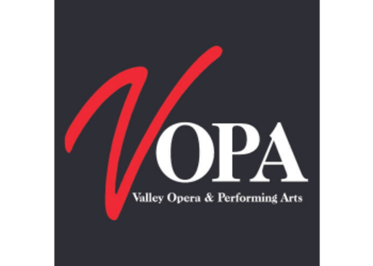 A black, white, and red logo for Valley Opera & Performing Arts
