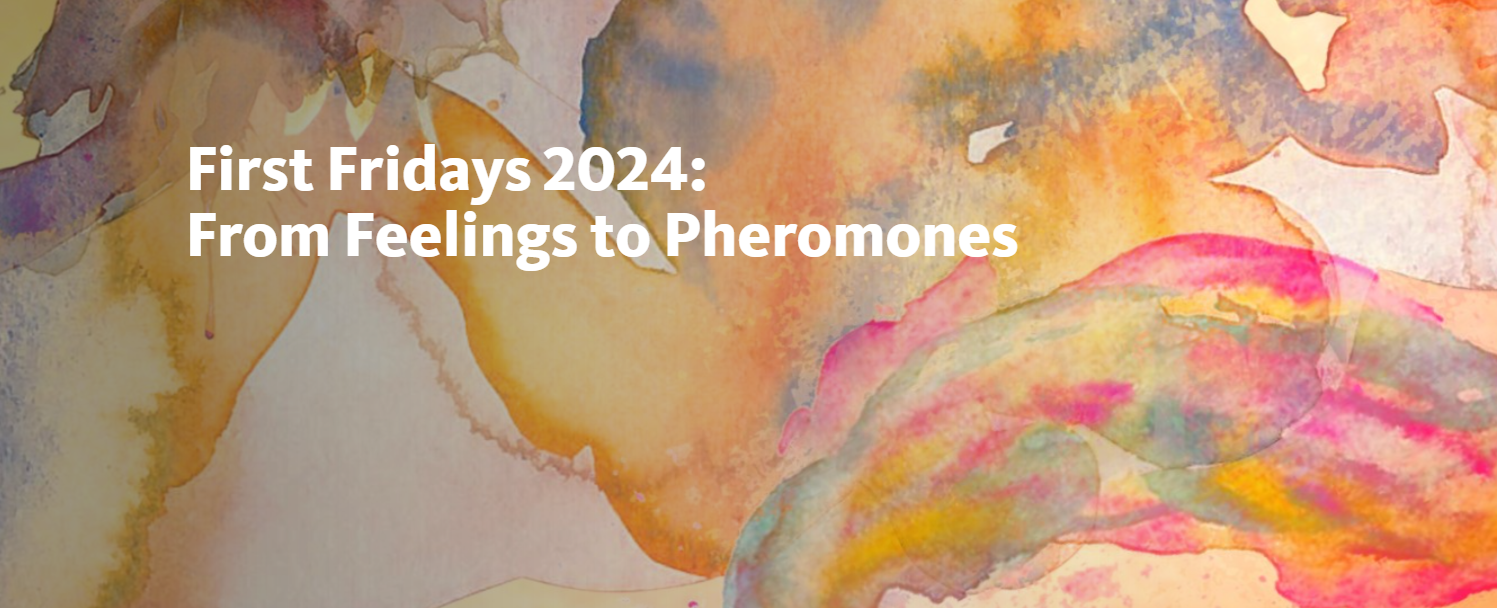 The image is a close-up of a person's face. The content is about an event titled "First Fridays 2024: From Feelings to Pheromones". The image is tagged as a painting, art, and watercolor.