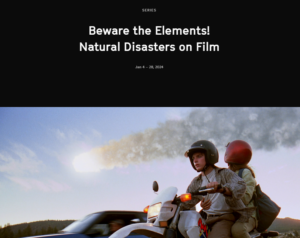 The image shows a man and a child riding a motorcycle with a cloud of smoke behind them. The photo is part of a series titled "Beware the Elements! Natural Disasters on Film" scheduled from January 4 to 28, 2024. Tags include outdoor, sky, vehicle, clothing, helmet, person, motorcycle, and riding.