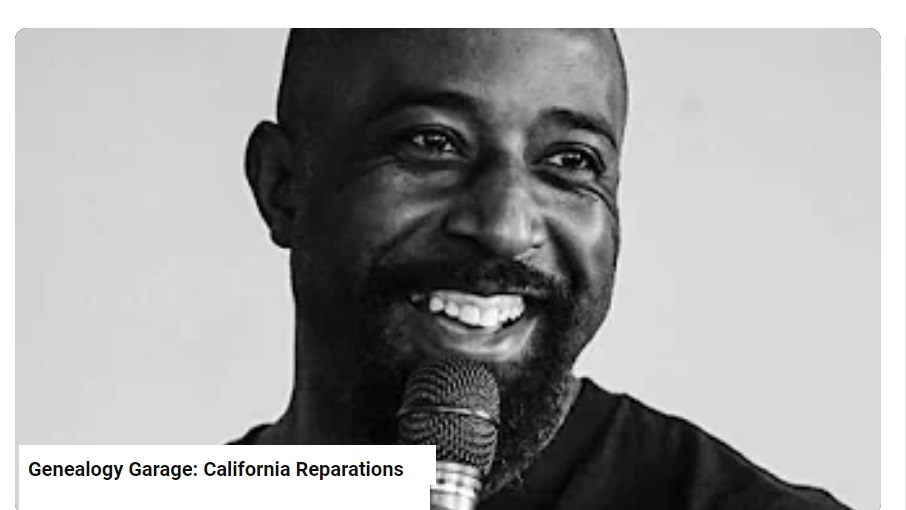 The image is of a man holding a microphone. The content is related to "Genealogy Garage: California Reparations." The tags include descriptions of the man's facial features and the microphone he is holding.