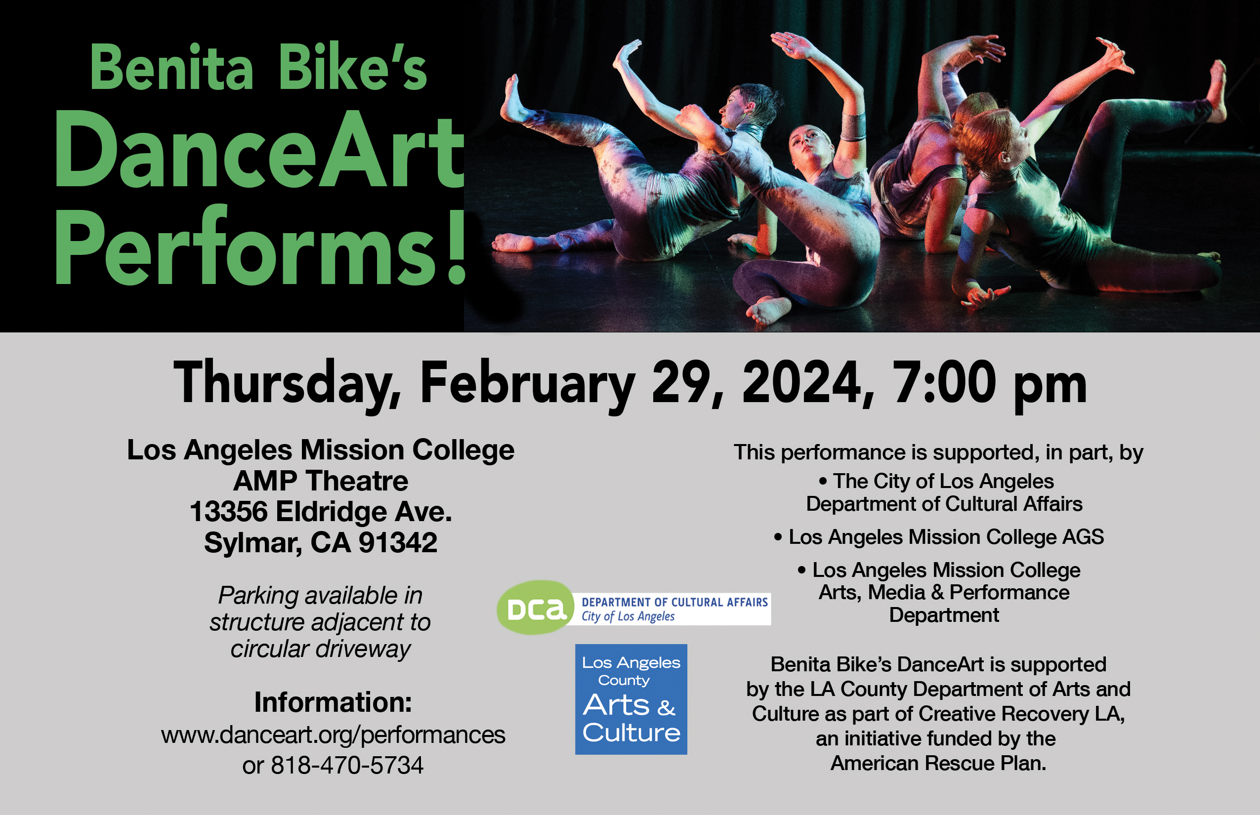 The image is a screenshot of text containing information about Benita Bike's DanceArt performance in Los Angeles on Thursday, February 29, 2024, at 7:00 pm. The performance is supported by AMP Theatre, the City of Los Angeles Department of Cultural Affairs, and the LA County Department of Arts and Culture. For more information, visit www.danceart.org/performances or contact 818-470-5734.