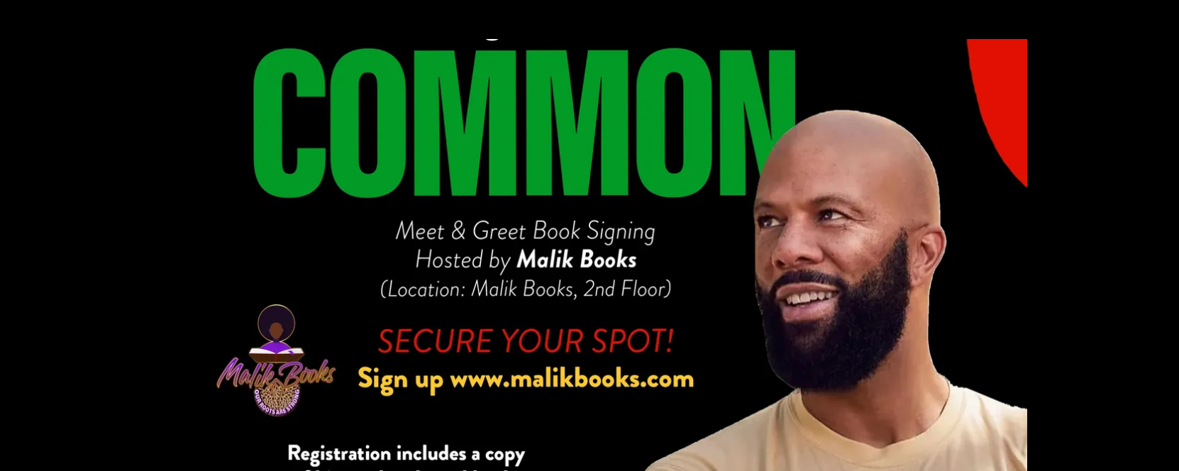 The image shows a man with a beard. The text in the image promotes a Meet & Greet Book Signing event hosted by Malik Books, with information on how to register and secure a spot. The image may also include a bottle as part of the graphic design.