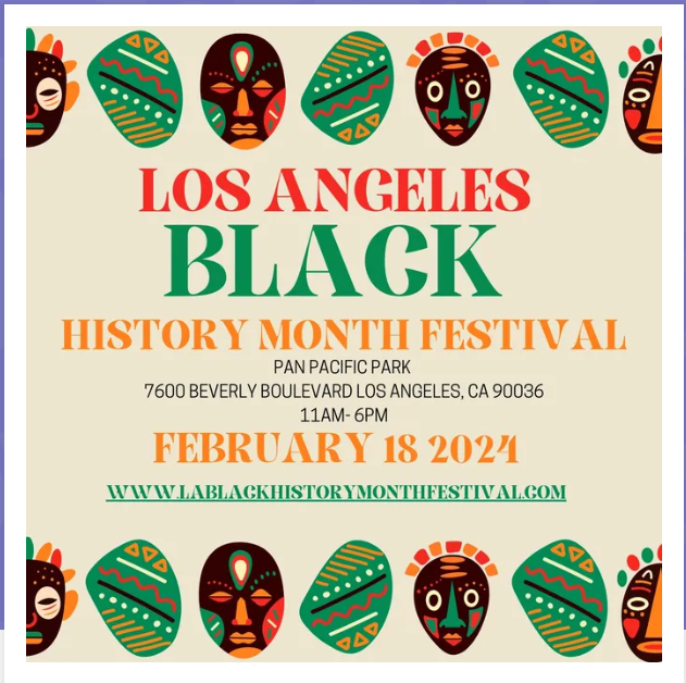 The image is a logo design, featuring text for the Black History Month Festival event in Los Angeles. The logo includes event details such as date, time, and location. The design is primarily black and includes the company's website address.