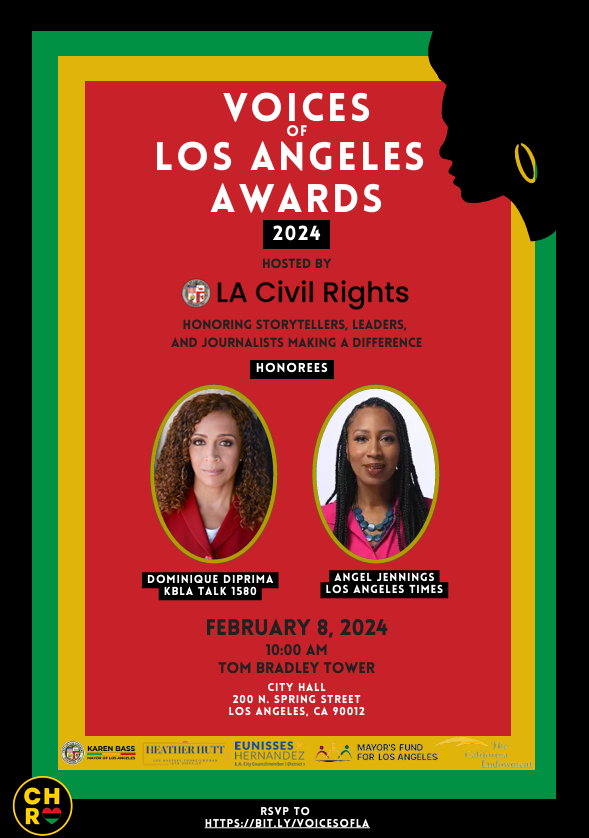 The image is a flyer or poster for an event called "VOICES OF LOS ANGELES AWARDS 2024" hosted by LA Civil Rights. It honors storytellers, leaders, and journalists in Los Angeles. The event details include date, time, location, and RSVP information. Among the honorees are Dominique DiPrima, Angel Jennings, KBLA Talk 1580, Los Angeles Times, Karen Bass, Heather Hutt, and others.
