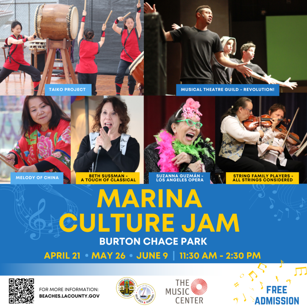 The image is a promotional poster for various music and cultural events happening at Burton Chace Park in Marina del Rey. It includes information about performances by Taiko Project, Musical Theatre Guild, Melody of China, and other artists. The poster also specifies the dates and times of the events, along with the website for more information. There is a tag for text, clothing, human face, woman, girl, person, and smile.