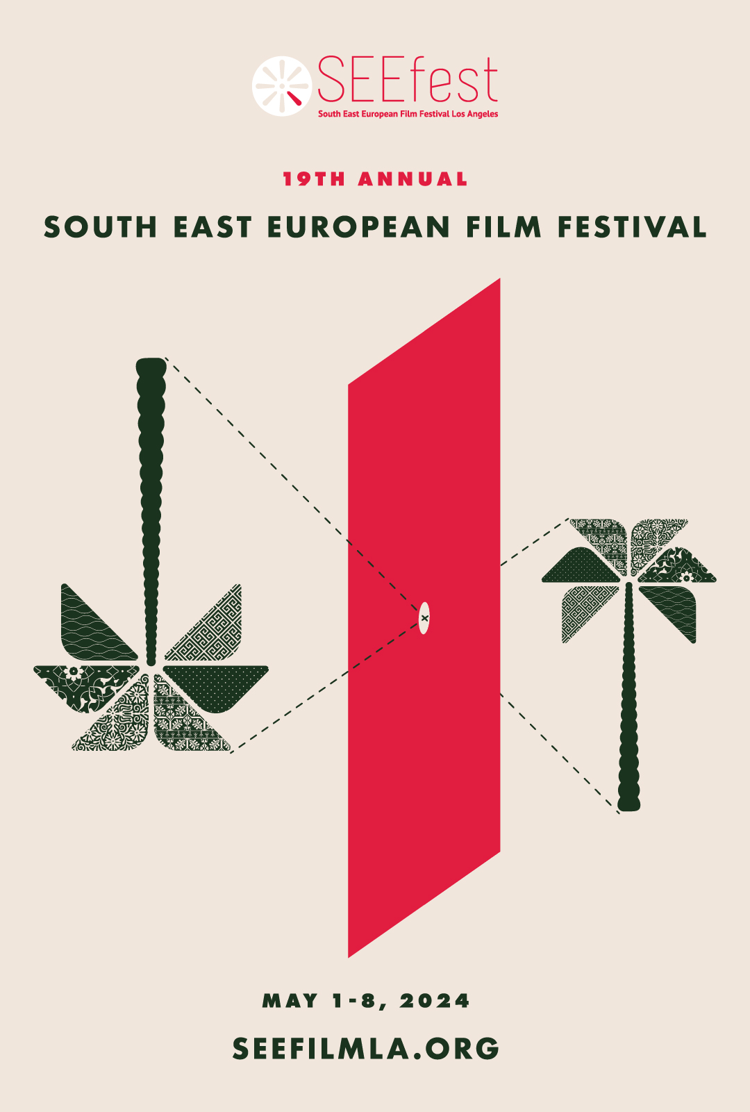 The image is a logo for the South East European Film Festival in Los Angeles. It features the text "SEEFest" along with details about the festival such as its 19th annual event happening from May 1-8, 2024. The design includes information about the festival and its website, seefilmla.org.