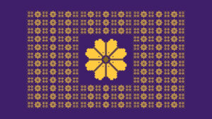 The image is a colorful patterned surface with the content "精靈" written on it. The tags associated with the image are flower, yellow, and screenshot.