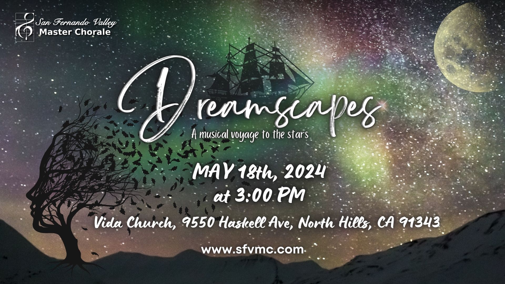 The image is a promotional poster for an event by the San Fernando Valley Master Chorale titled "Dansenpes: A musical voyage to the stars" happening on May 18th, 2024, at 3:00 PM at Vida Church in North Hills, CA. The poster features the event details and the website www.sfvmc.com.