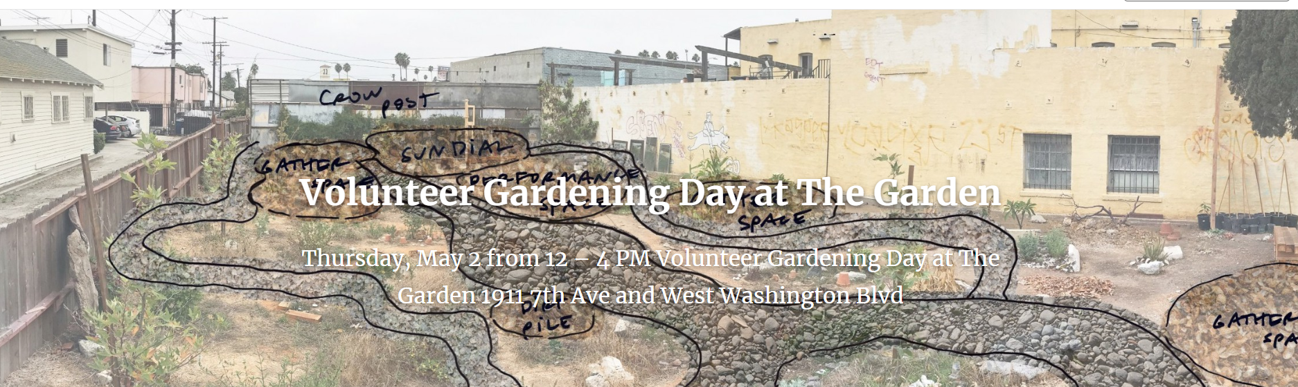 The image shows a building with graffiti. The graffiti includes words like "CROW," "POST," "GATHER," "Volunteer Gardening Day at The Garden," "SPACE," and "SPA." The location mentioned is 1911 7th Ave and West Washington Blvd. The image is tagged as panorama and text.