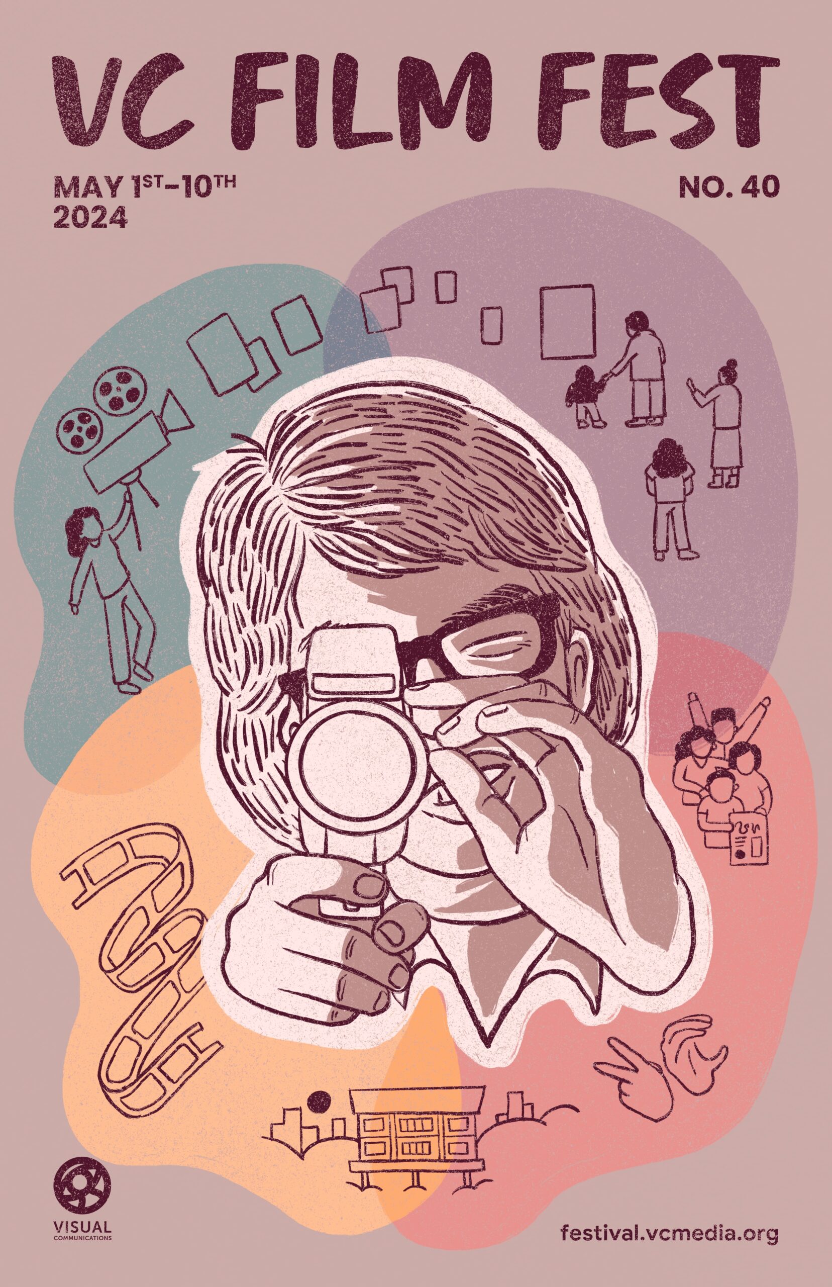 The image is a book cover featuring a cartoon character. The text on the cover includes "VC FILM FEST," "MAY 1ST-10TH," "NO. 40," "2024," "VISUAL," festival.vcmedia.org," and "COMMUNICATIONS." The cartoon character likely has a human face, glasses, and is drawn in ink.