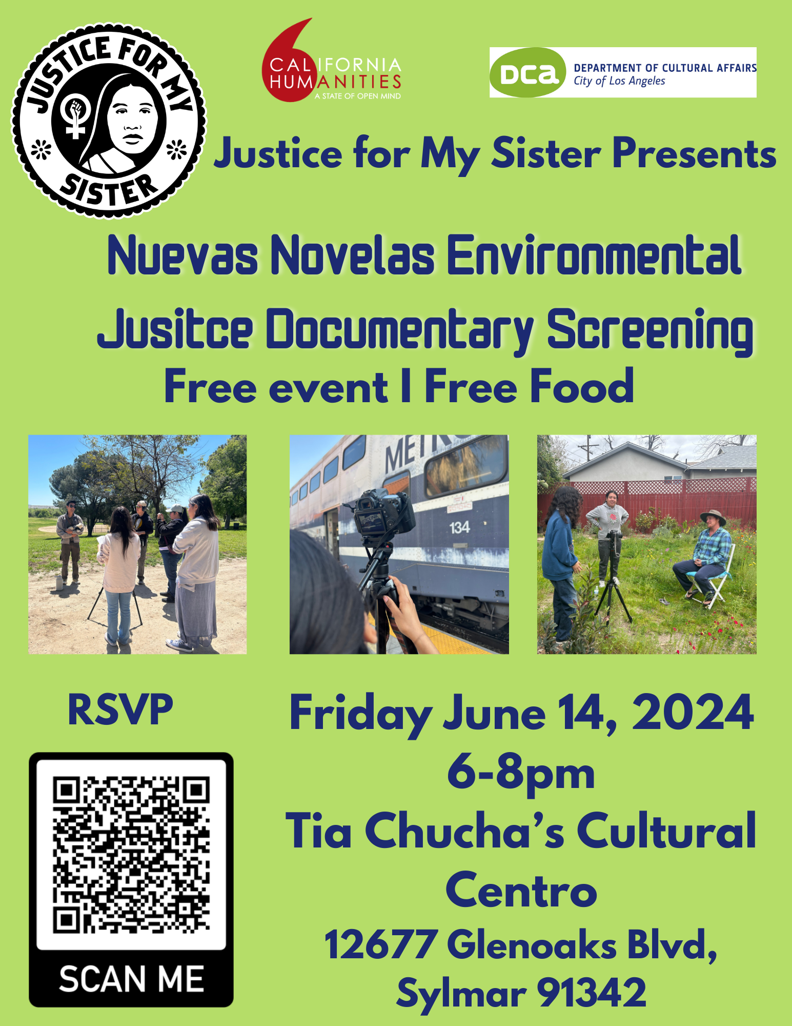 The image contains a QR code with information about an event organized by the Department of Cultural Affairs in Los Angeles. The event is a documentary screening and will take place at Tia Chucha's Cultural Centro on June 14, 2024, from 6-8pm. Participants are encouraged to RSVP for the free event that includes free food.