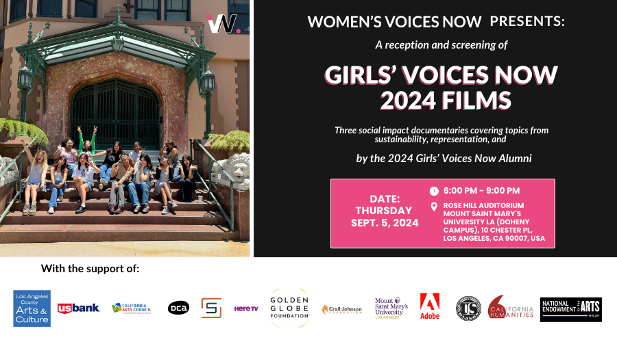 The image is a graphical user interface displaying information about an event organized by Women's Voices Now, featuring a reception and screening of Girls' Voices Now with three social impact documentaries. The event took place on September 5, 2024, at the Rose Hill Auditorium, Mount Saint Mary's University in Los Angeles, CA, USA, with support from various organizations including Los Angeles County, US Bank, and Adobe.