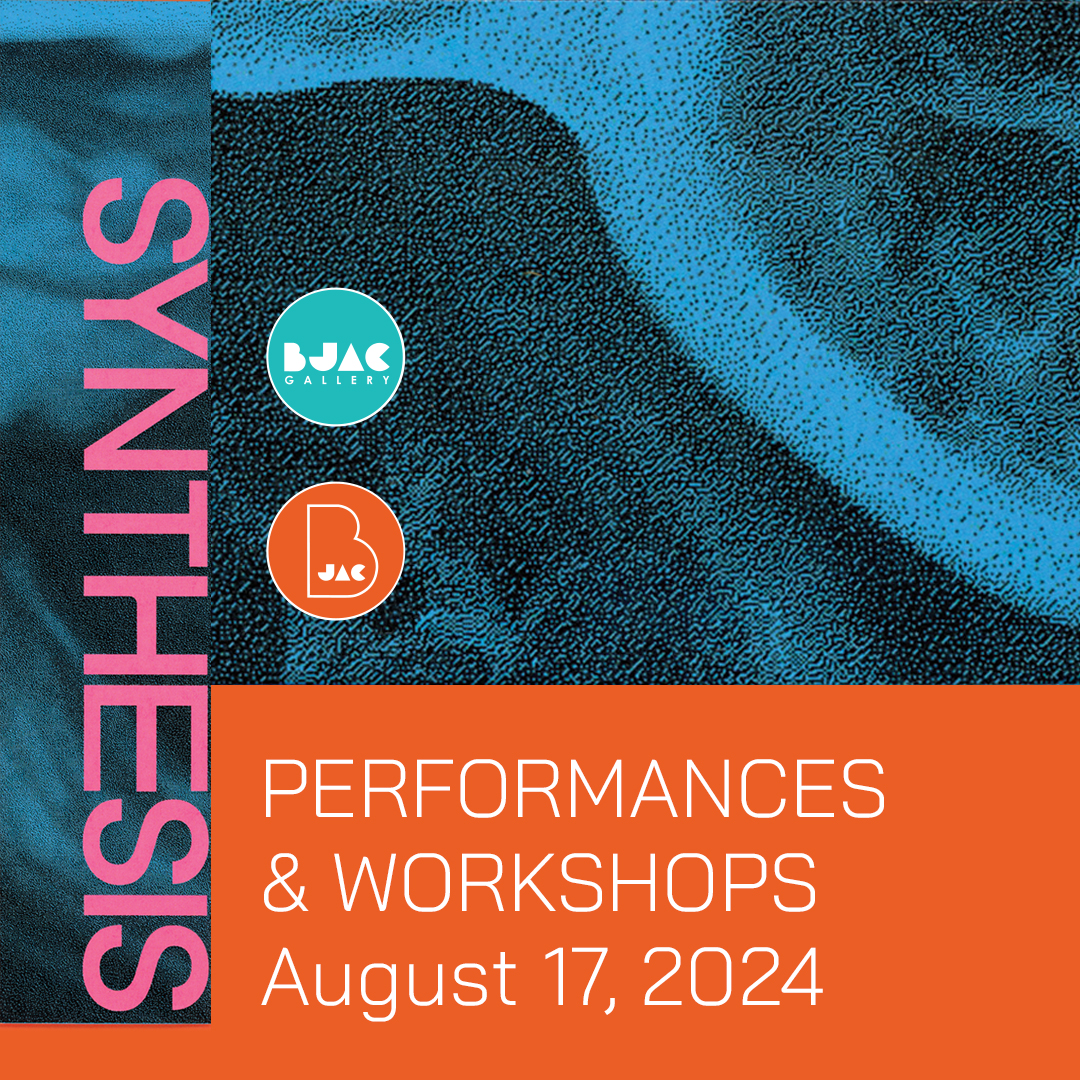 The image is a background pattern featuring text that includes the words "GALLERY," "PERFORMANCES," "WORKSHOPS," and a date of "August 17, 2024." It appears to be a graphic design element possibly used for a poster or book design.